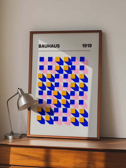 Bauhaus 1919 geometric abstract art print with interlocking blue yellow and, displayed in modern living room setting