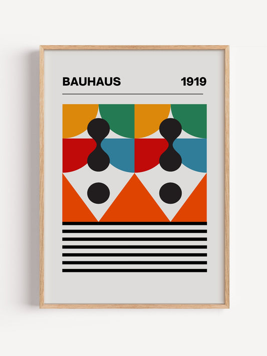 Bauhaus 1919 geometric poster featuring symmetrical composition with orange, close-up showing print texture and color detail