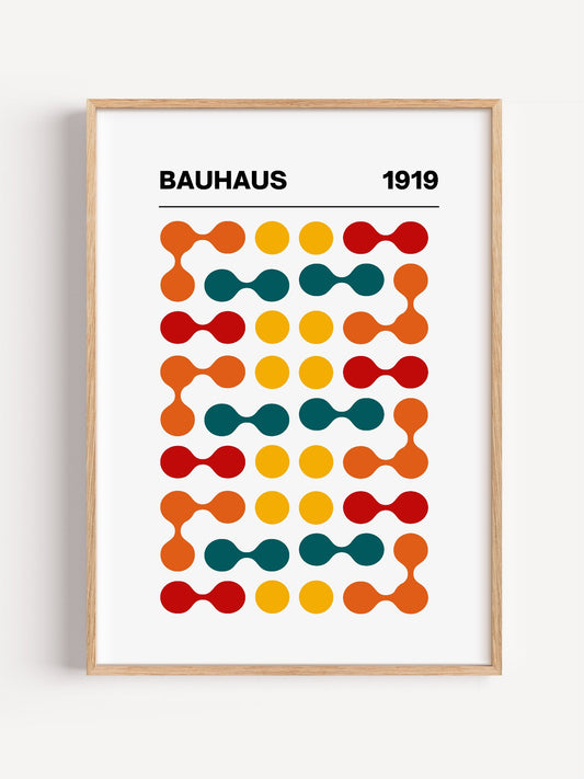 Bauhaus 1919 geometric wall art print featuring orange teal yellow and red, close-up showing print texture and color detail