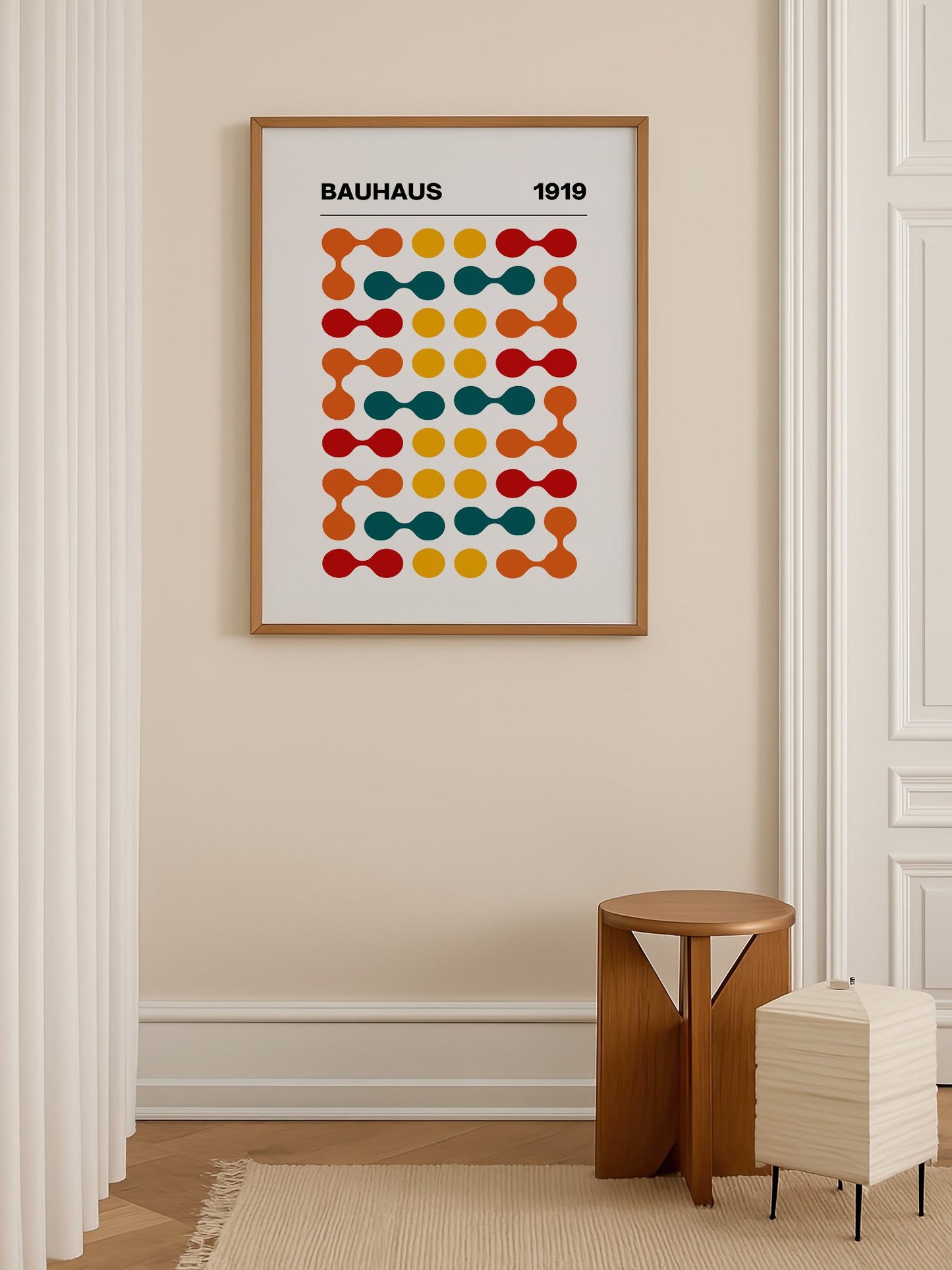 Bauhaus 1919 geometric wall art print featuring orange teal yellow and red, shown in minimalist home office space