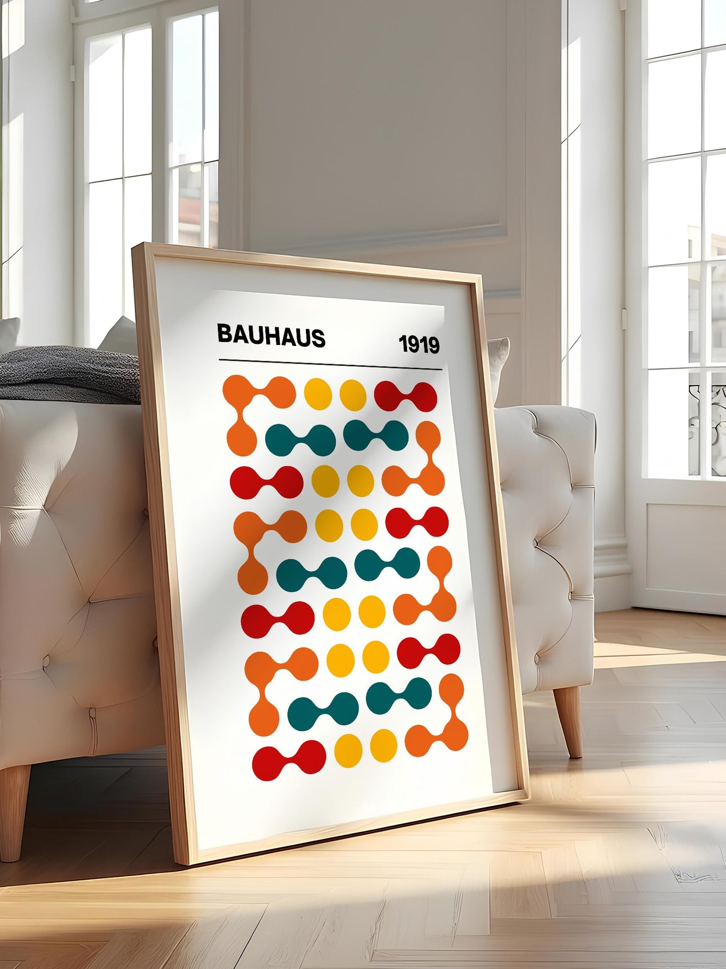 Bauhaus 1919 geometric wall art print featuring orange teal yellow and red, featured in stylish apartment decor