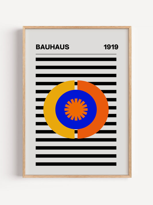 Bauhaus 1919 geometric wall art print featuring concentric circles in blue, close-up showing print texture and color detail