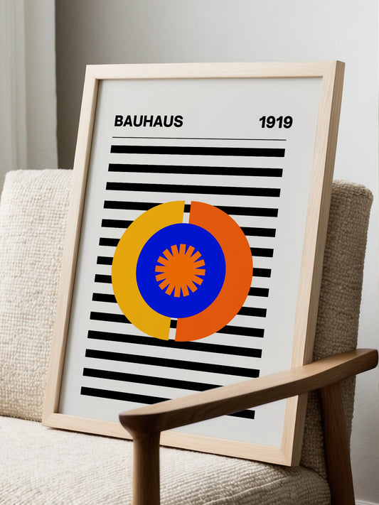 Bauhaus 1919 geometric wall art print featuring concentric circles in blue, displayed in modern living room setting