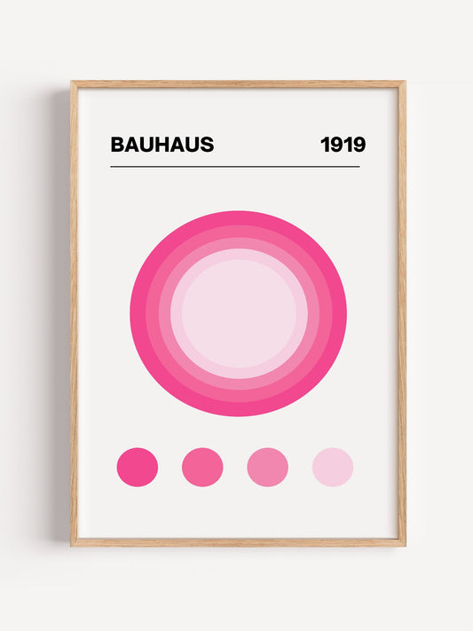 Bauhaus 1919 poster with concentric pink circles in gradient shades on white, close-up showing print texture and color detail