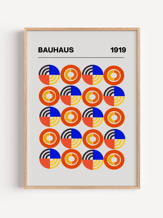 Bauhaus 1919 geometric wall art print with repeating orange blue and yellow, close-up showing print texture and color detail