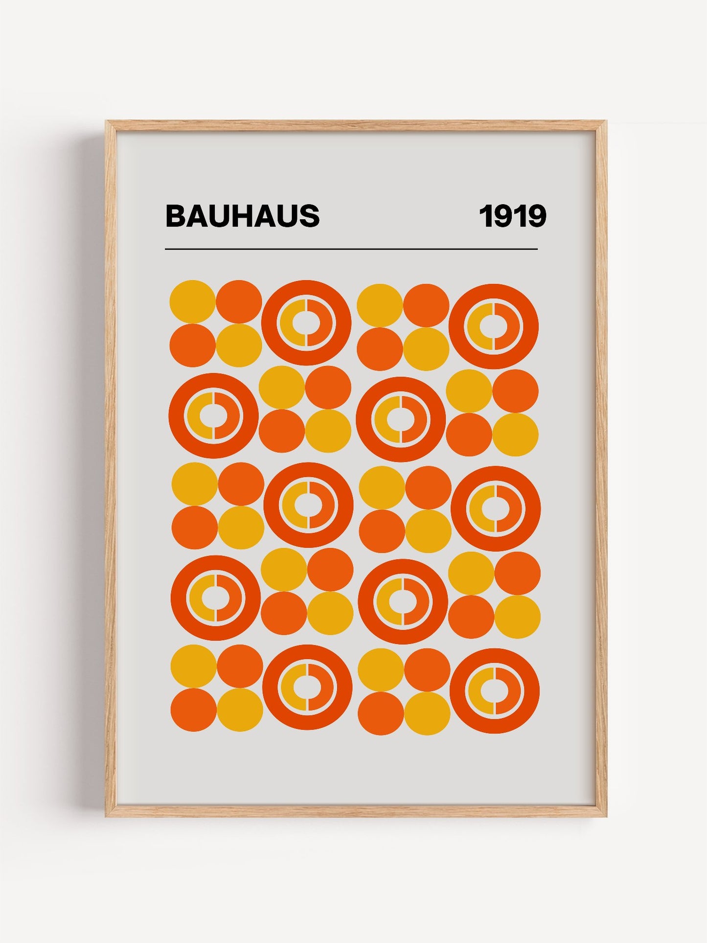 Bauhaus 1919 geometric poster featuring grid of orange and yellow concentric, close-up showing print texture and color detail