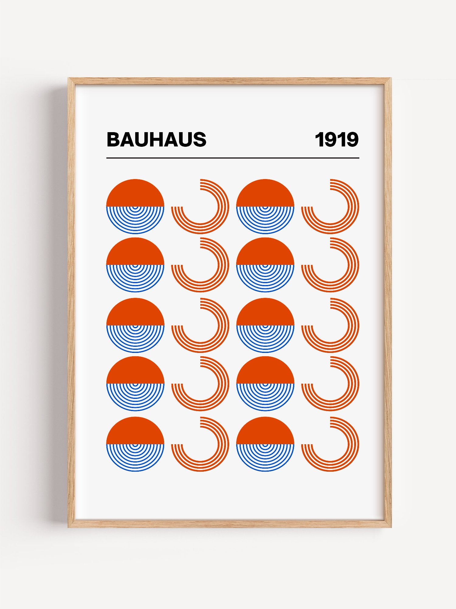 Bauhaus 1919 geometric poster featuring grid pattern of orange and blue, close-up showing print texture and color detail