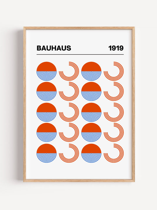 Bauhaus 1919 geometric poster featuring grid pattern of orange and blue, close-up showing print texture and color detail