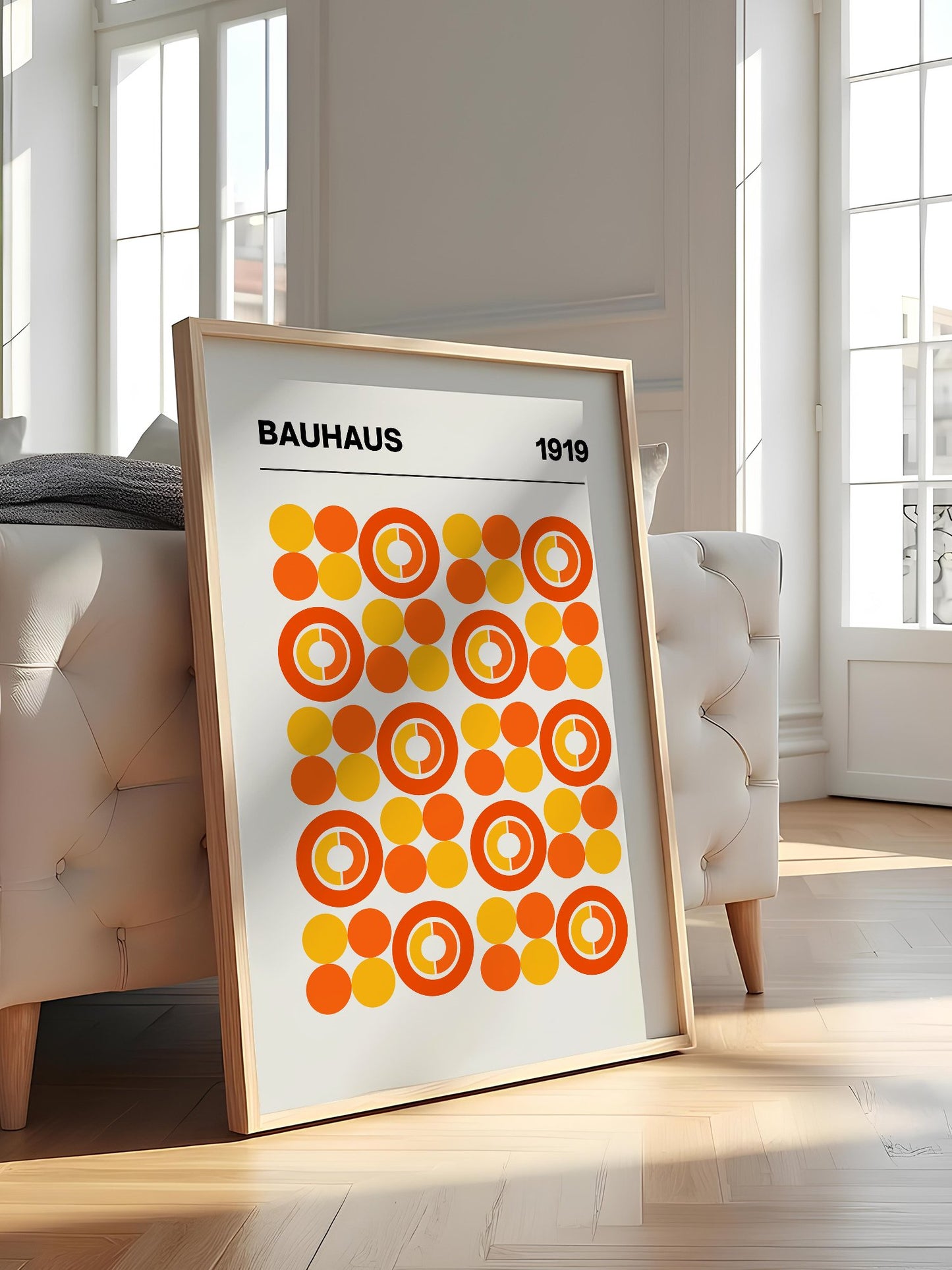 Bauhaus 1919 geometric poster featuring grid of orange and yellow concentric, featured in stylish apartment decor
