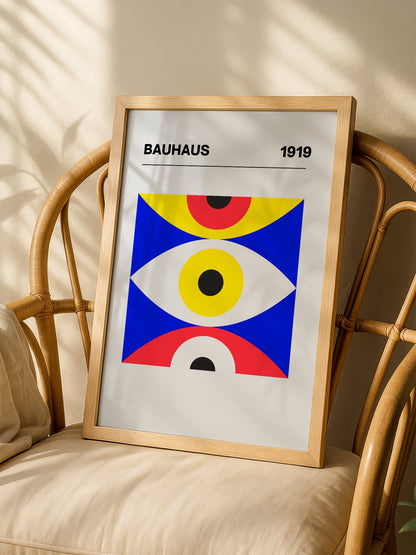 Bauhaus 1919 geometric poster with three stacked eye shapes in yellow red and, shown in minimalist home office space