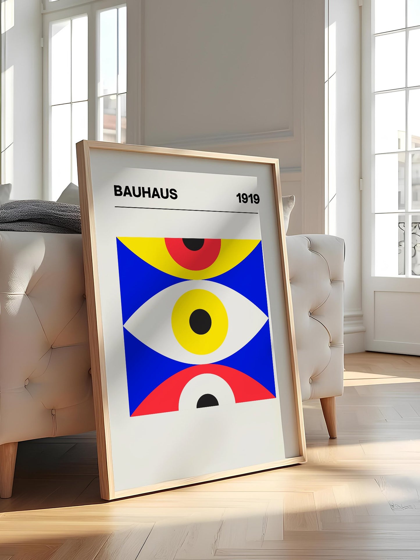 Bauhaus 1919 geometric poster with three stacked eye shapes in yellow red and, featured in stylish apartment decor