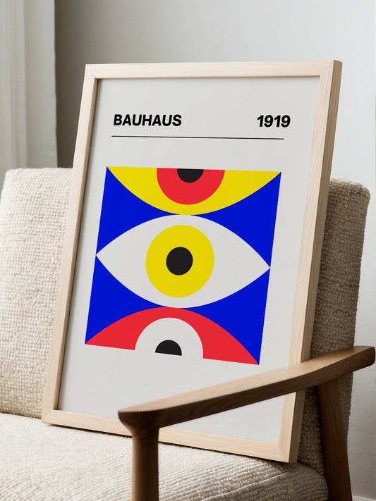 Bauhaus 1919 geometric poster with three stacked eye shapes in yellow red and, displayed in modern living room setting
