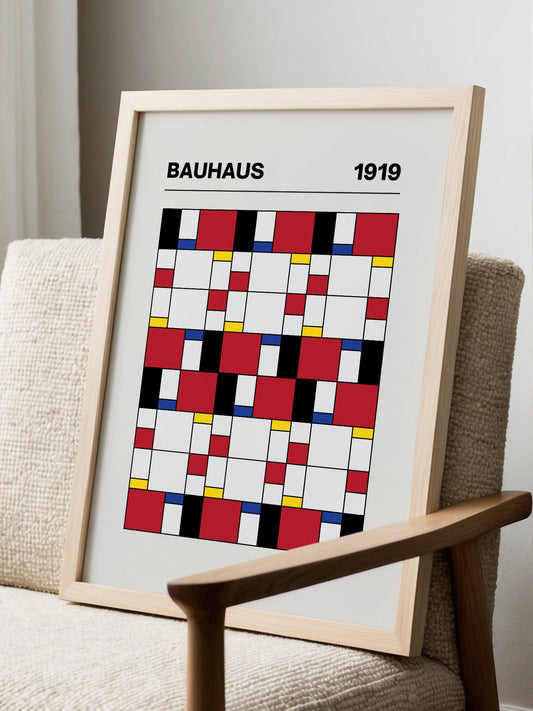 Bauhaus 1919 geometric abstract print featuring grid pattern with red yellow, displayed in modern living room setting