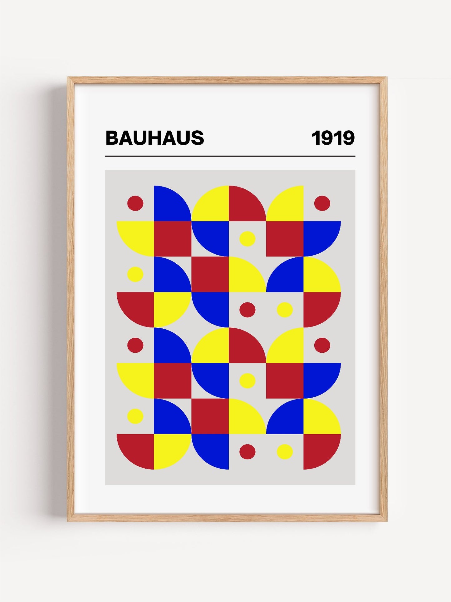 Bauhaus geometric wall art with red blue yellow grid pattern, semicircular, close-up showing print texture and color detail