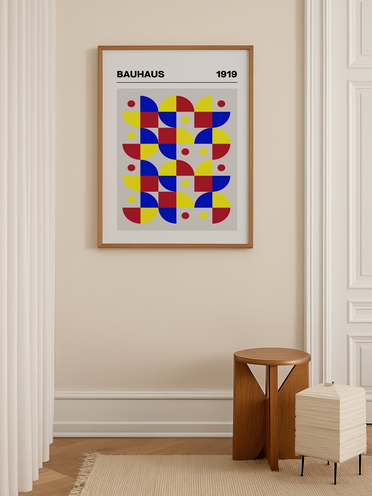 Bauhaus geometric wall art with red blue yellow grid pattern, semicircular, shown in minimalist home office space