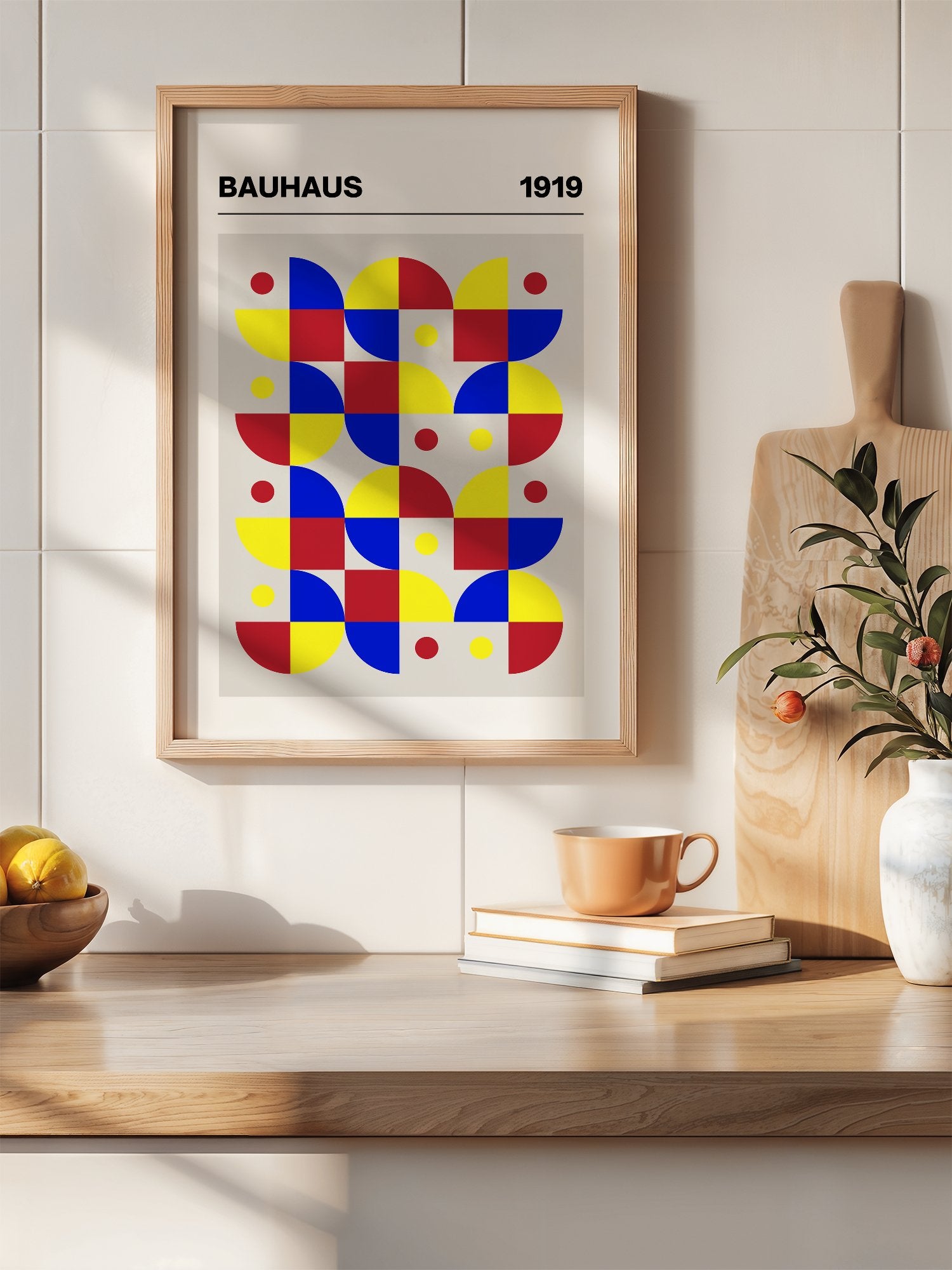 Bauhaus geometric wall art with red blue yellow grid pattern, semicircular, hanging in contemporary bedroom interior