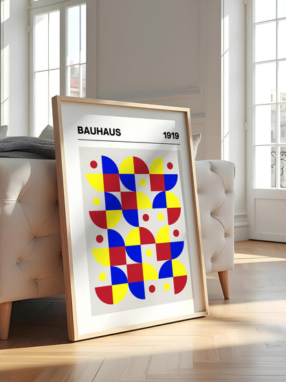 Bauhaus geometric wall art with red blue yellow grid pattern, semicircular, featured in stylish apartment decor