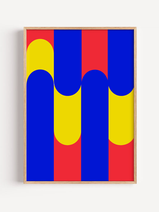 Geometric abstract art print with blue circles on yellow rounded rectangles, close-up showing print texture and color detail