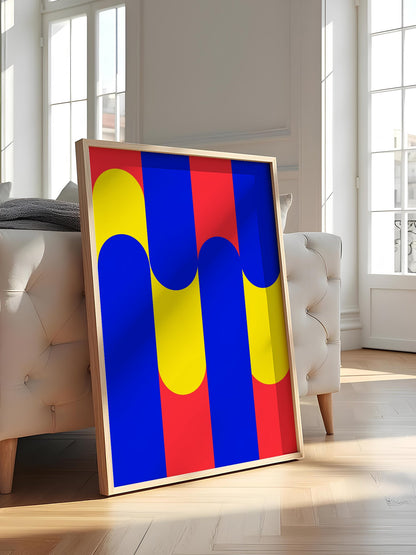 Geometric abstract art print with blue circles on yellow rounded rectangles, featured in stylish apartment decor