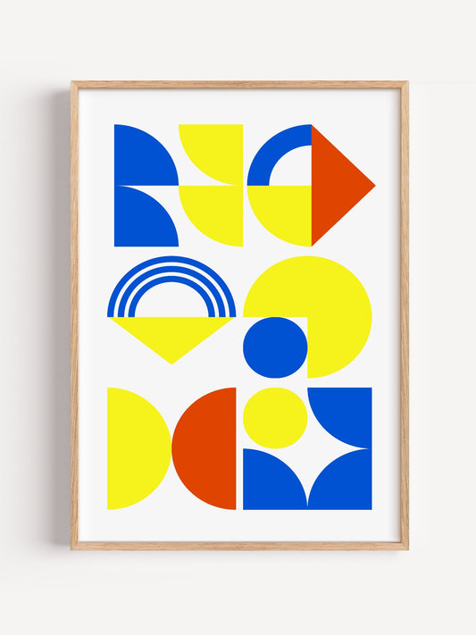 Bauhaus geometric abstract art print with blue quarter-circles, yellow circles, close-up showing print texture and color d...