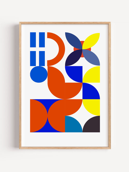Bauhaus geometric wall art with blue circles, orange semicircles, yellow, close-up showing print texture and color detail