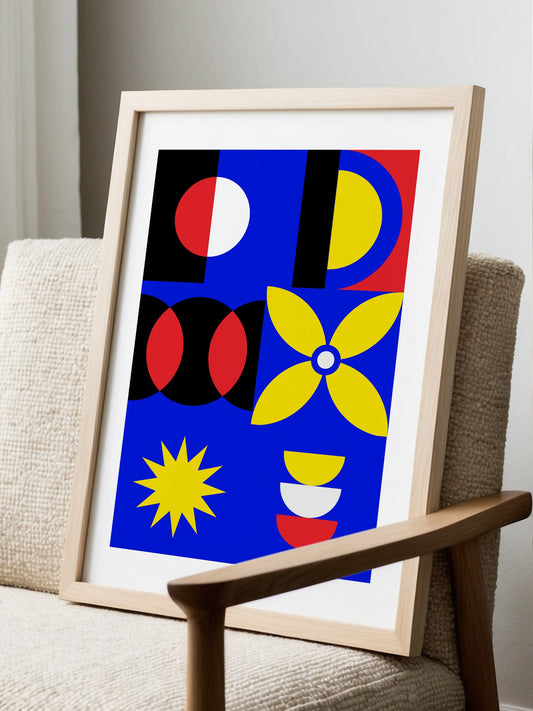 Abstract geometric wall art with six panels featuring circles, starbursts and, displayed in modern living room setting