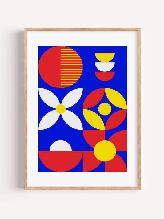 Bauhaus geometric abstract art print with blue background, red and yellow, close-up showing print texture and color detail