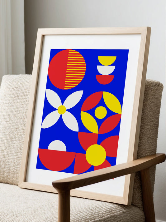 Bauhaus geometric abstract art print with blue background, red and yellow, displayed in modern living room setting