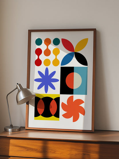 Colourful geometric abstract art print with starbursts, circles and shapes in, displayed in modern living room setting