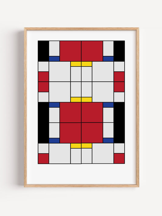 Bauhaus geometric abstract art print with red white and blue rectangular blocks, close-up showing print texture and color ...
