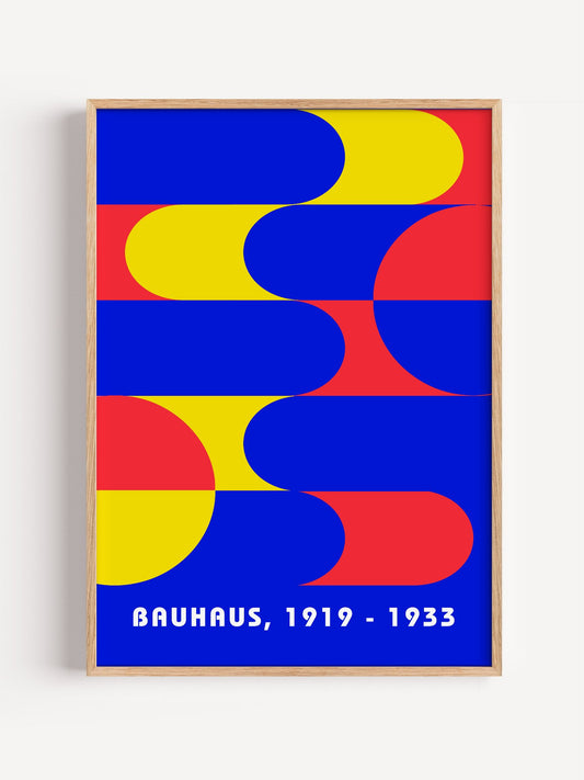 Bauhaus geometric abstract poster with interlocking blue yellow and red shapes, close-up showing print texture and color d...