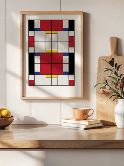 Bauhaus geometric abstract art print with red white and blue rectangular blocks, hanging in contemporary bedroom interior