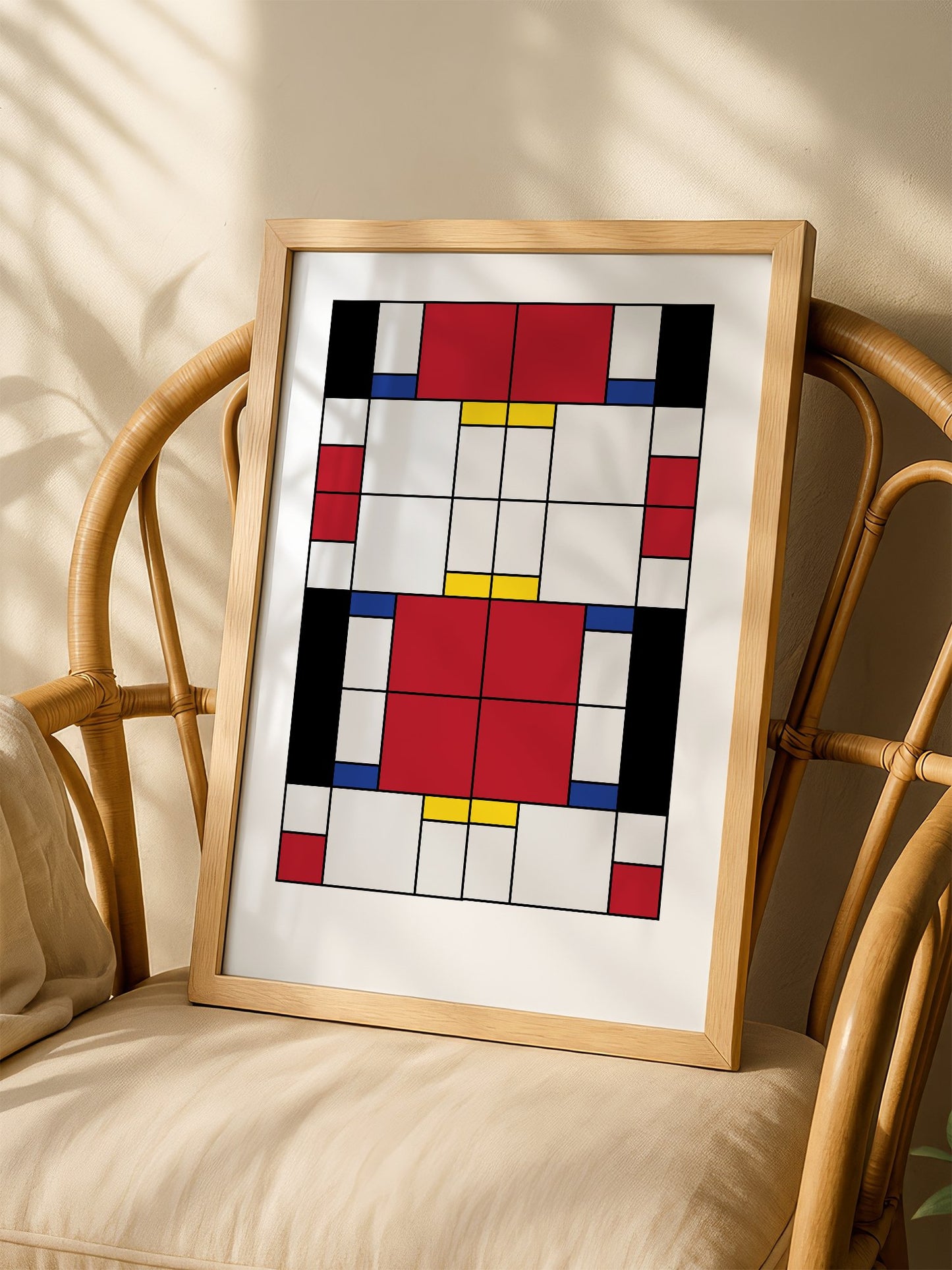Bauhaus geometric abstract art print with red white and blue rectangular blocks, shown in minimalist home office space