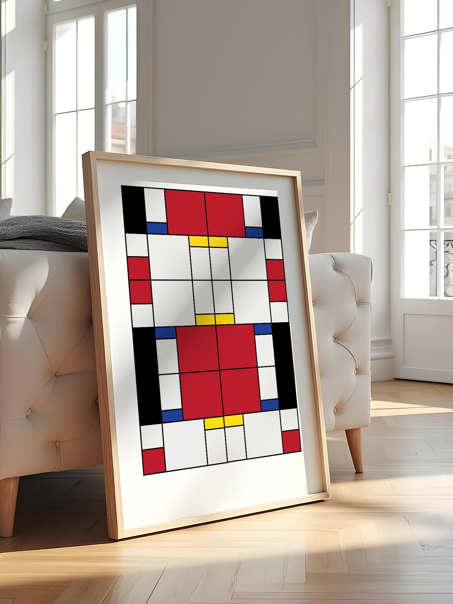 Bauhaus geometric abstract art print with red white and blue rectangular blocks, featured in stylish apartment decor