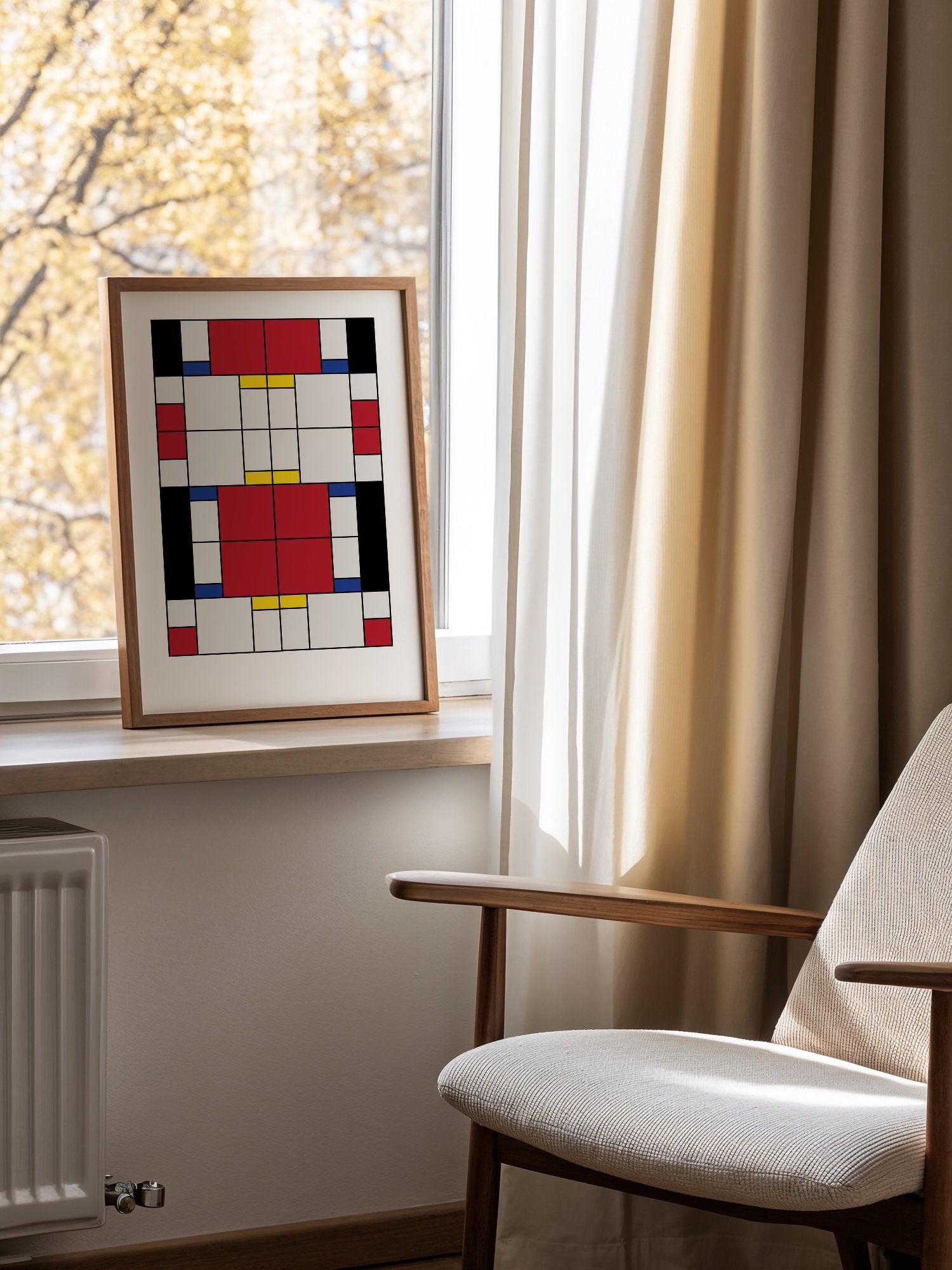 Bauhaus geometric abstract art print with red white and blue rectangular blocks, mounted in bright gallery wall arrangement