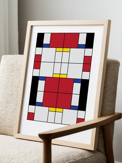 Bauhaus geometric abstract art print with red white and blue rectangular blocks, displayed in modern living room setting