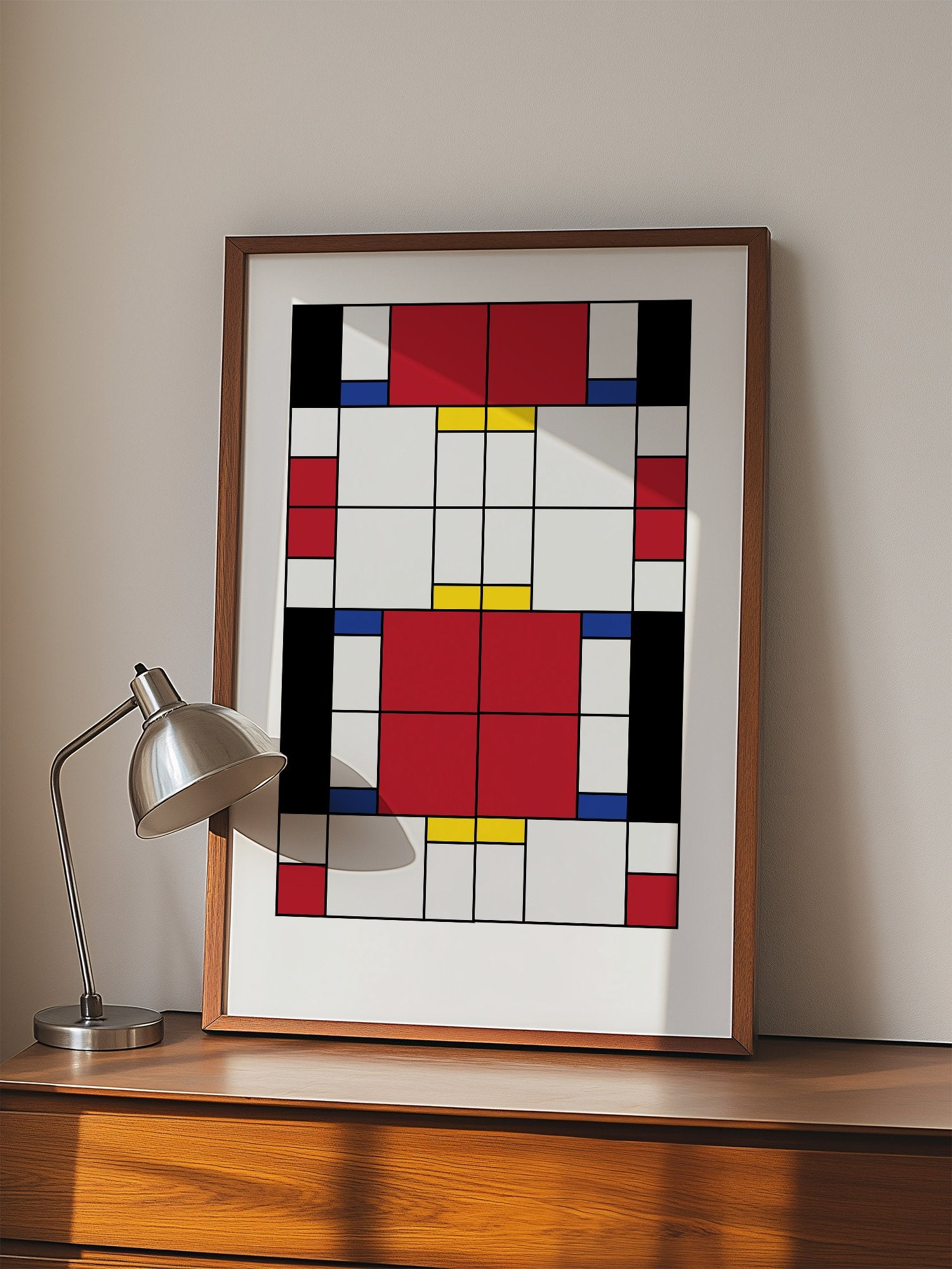 Bauhaus geometric abstract art print with red white and blue rectangular blocks, displayed in modern living room setting