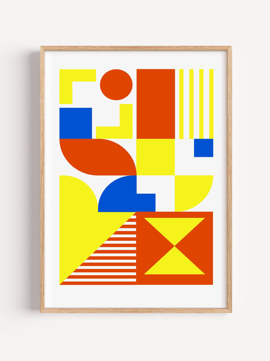 Bauhaus geometric abstract wall art with yellow, orange and blue circles, close-up showing print texture and color detail