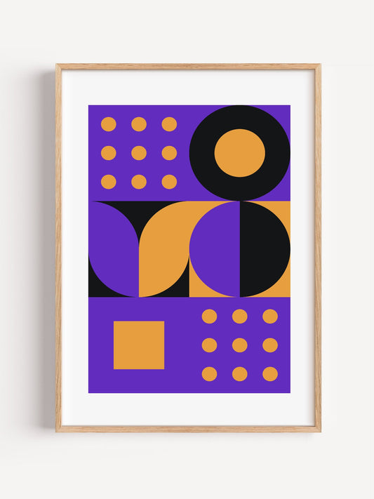 Bauhaus geometric abstract art print with purple background, golden yellow, close-up showing print texture and color detail