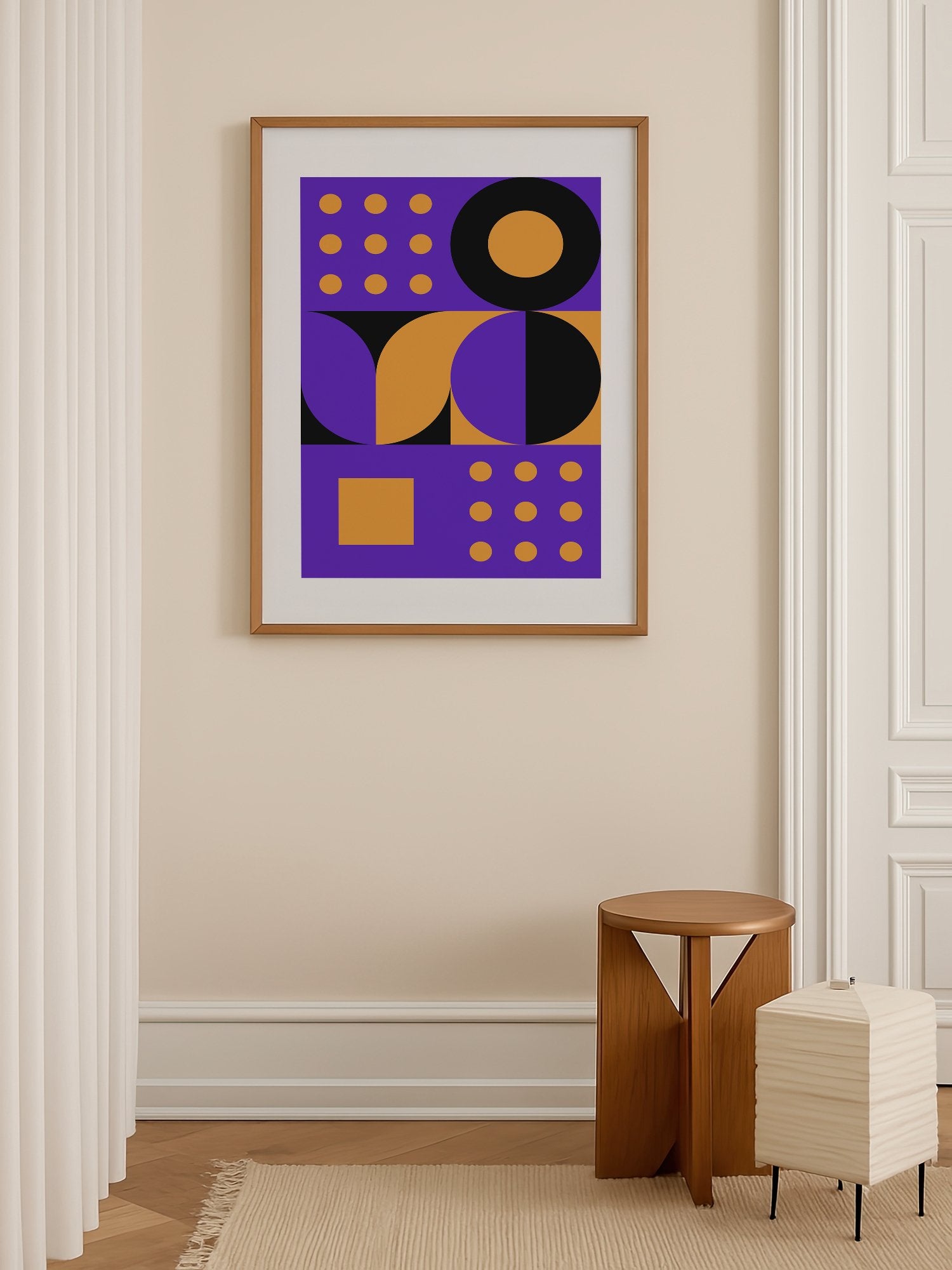 Bauhaus geometric abstract art print with purple background, golden yellow, shown in minimalist home office space