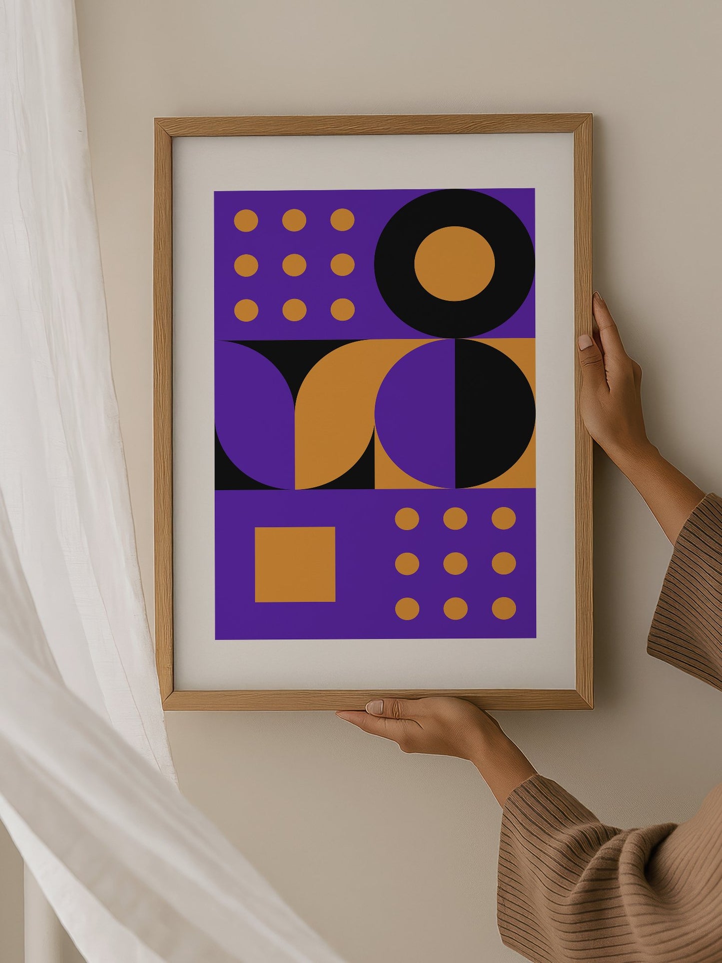 Bauhaus geometric abstract art print with purple background, golden yellow, hanging in contemporary bedroom interior