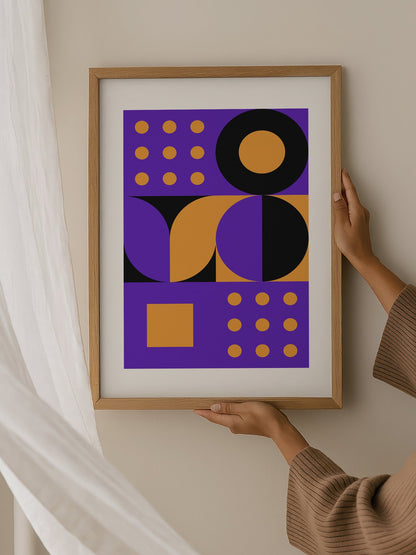 Bauhaus geometric abstract art print with purple background, golden yellow, hanging in contemporary bedroom interior