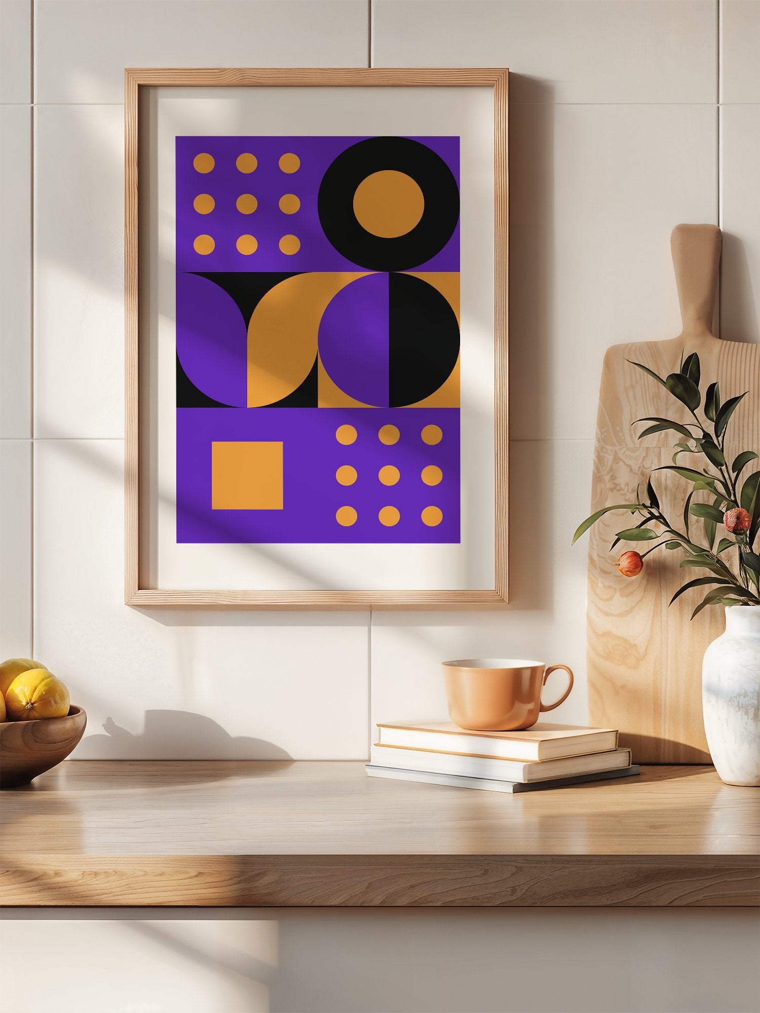Bauhaus geometric abstract art print with purple background, golden yellow, hanging in contemporary bedroom interior