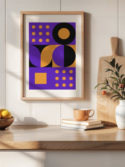 Bauhaus geometric abstract art print with purple background, golden yellow, hanging in contemporary bedroom interior
