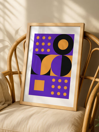 Bauhaus geometric abstract art print with purple background, golden yellow, shown in minimalist home office space