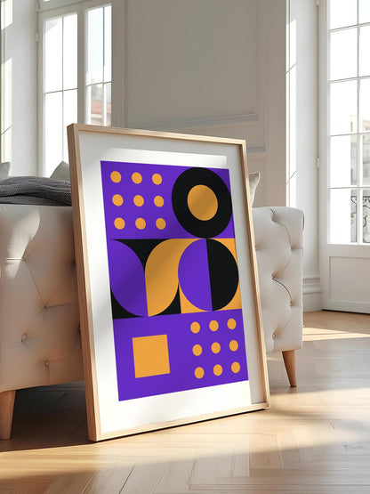 Bauhaus geometric abstract art print with purple background, golden yellow, featured in stylish apartment decor