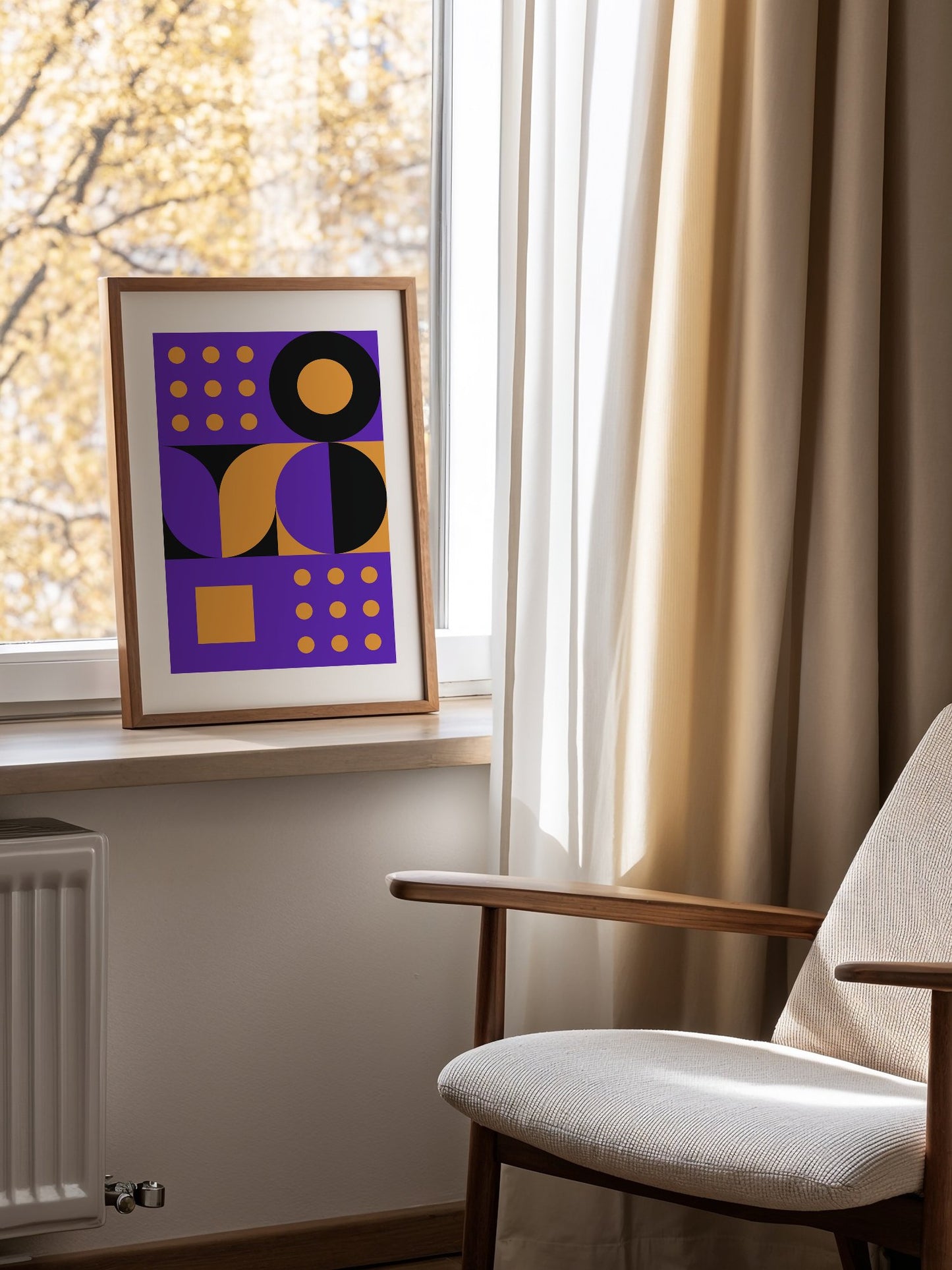 Bauhaus geometric abstract art print with purple background, golden yellow, mounted in bright gallery wall arrangement