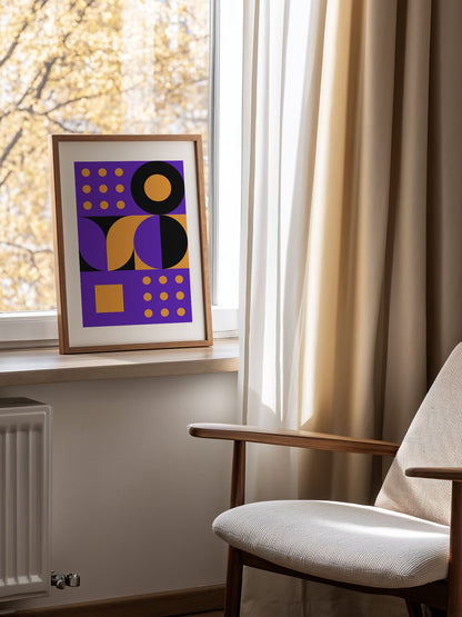 Bauhaus geometric abstract art print with purple background, golden yellow, mounted in bright gallery wall arrangement