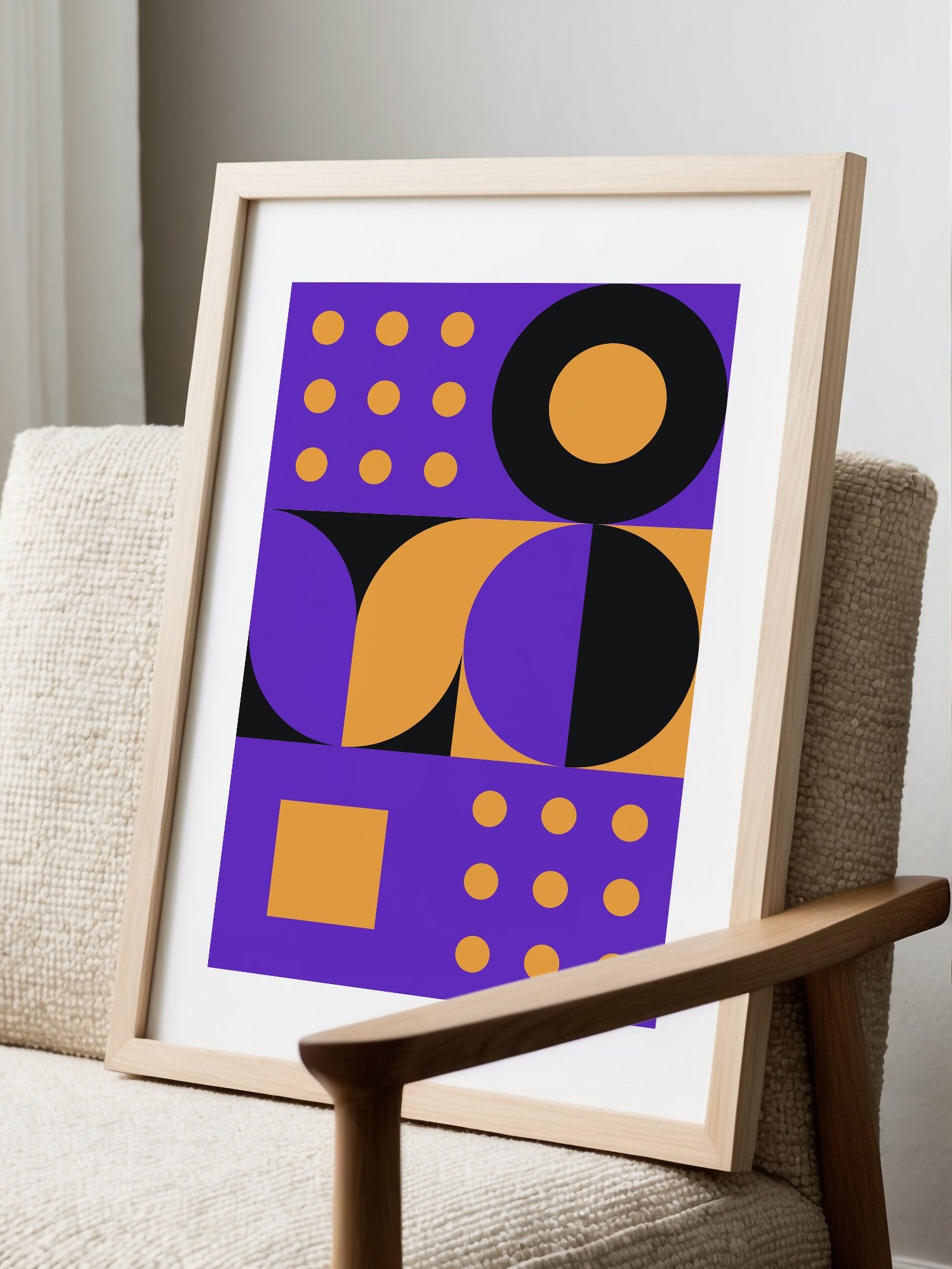 Bauhaus geometric abstract art print with purple background, golden yellow, displayed in modern living room setting