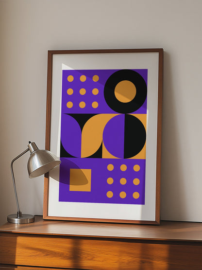 Bauhaus geometric abstract art print with purple background, golden yellow, displayed in modern living room setting